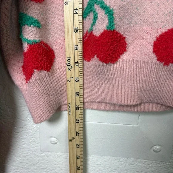 Womens Pink Cherry Print Long Sleeve Crew Neck Knit Crop Top Sweater - Picture 6 of 7